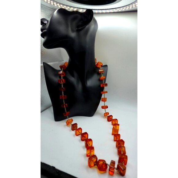 Vintage 35" Hand-Cut Natural Amber Necklace 1930s Slab Beads Statement Piece - Picture 1 of 11